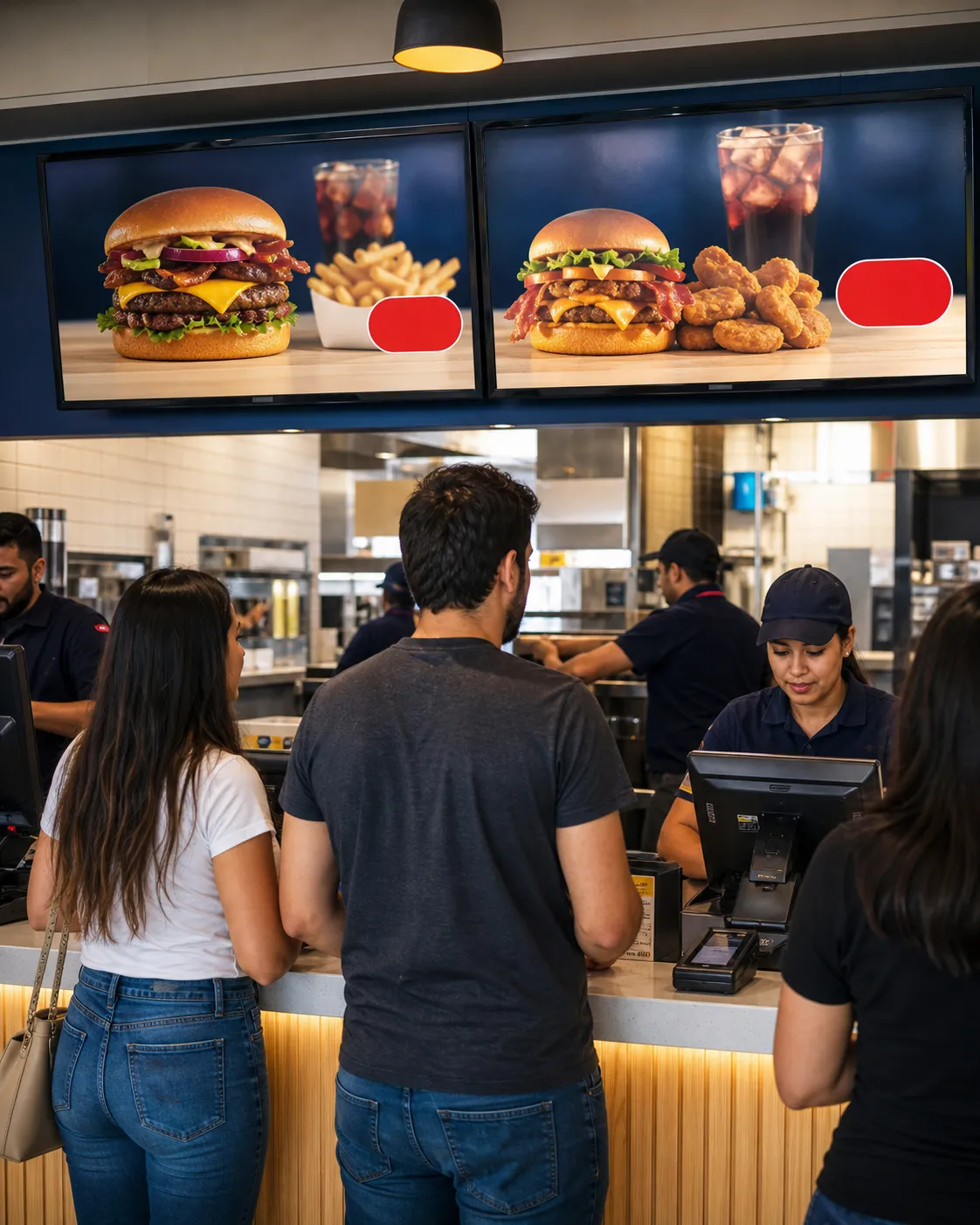 Menús digitales sobre el mostrador de un restaurante fast food