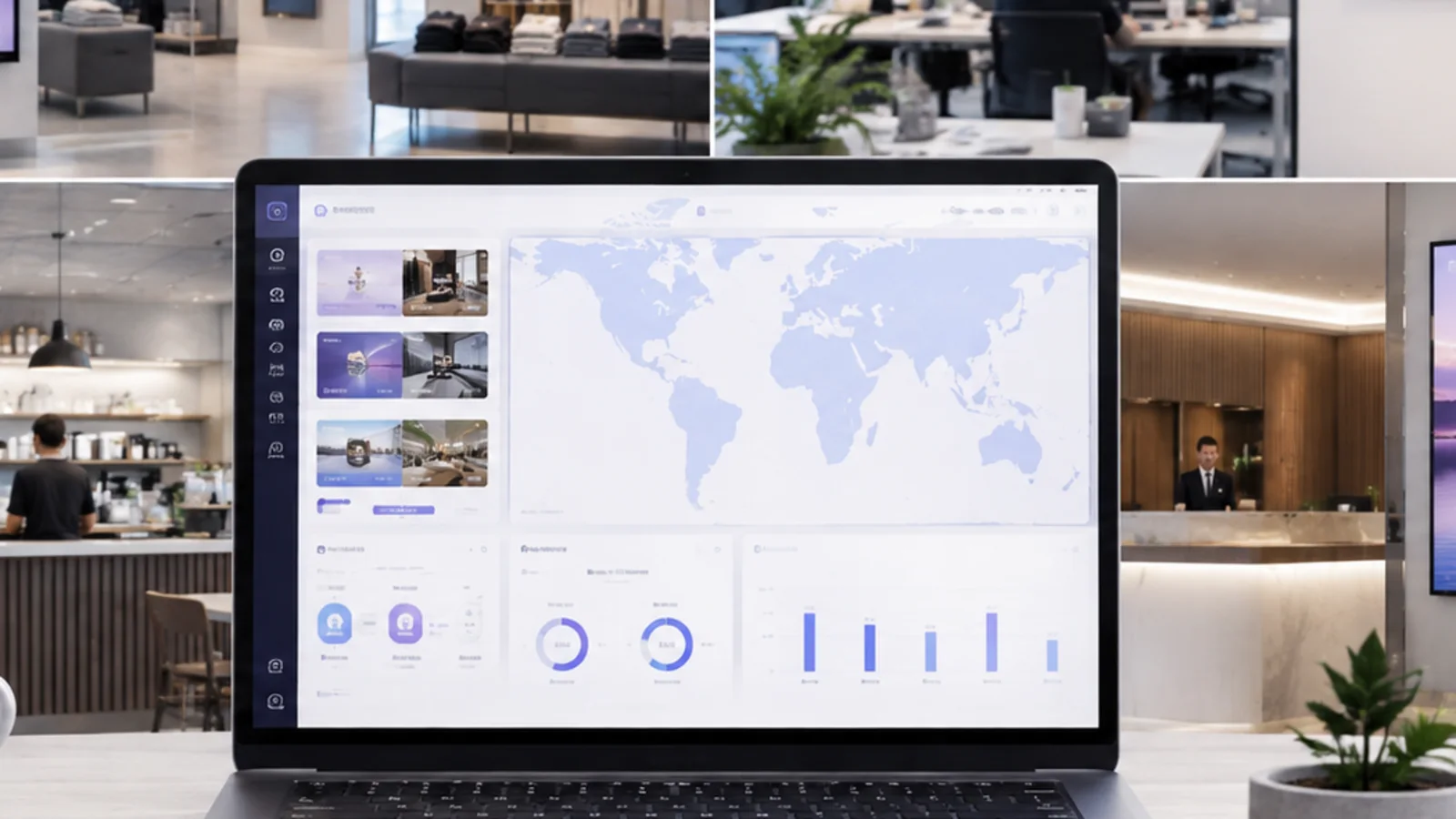 Vista de dashboard central para organizar y supervisar pantallas de varias sedes con iScreen
