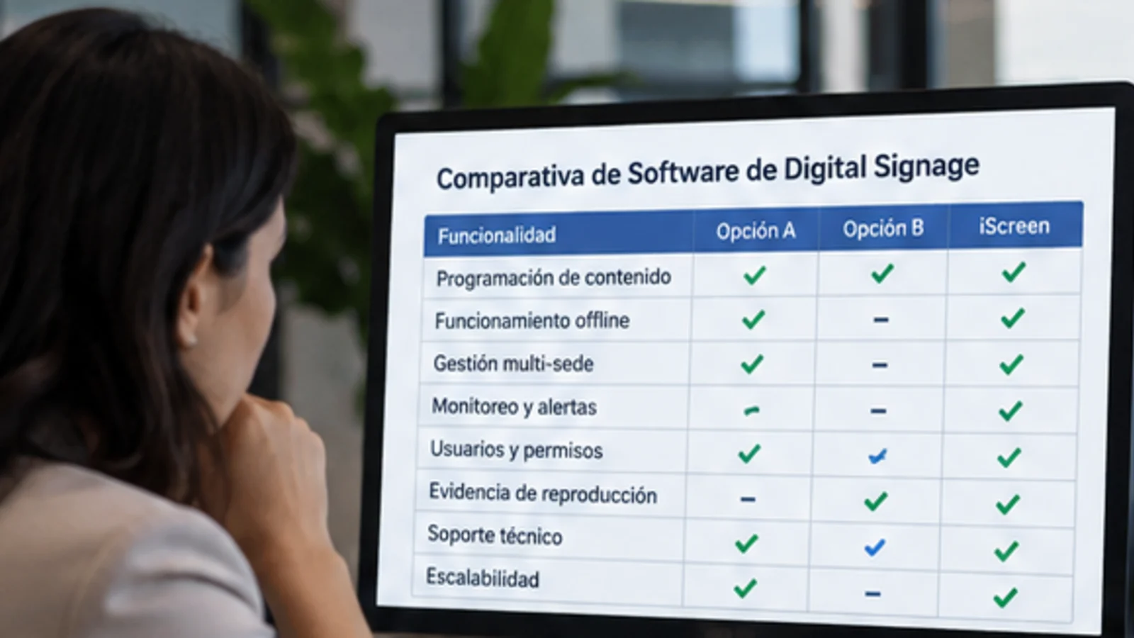 Profesional evaluando capacidades de varias plataformas de software de Digital Signage antes de contratar