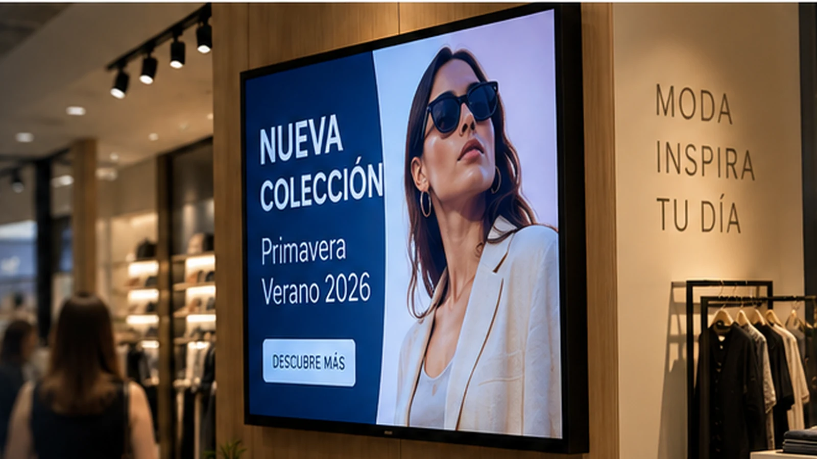 Pantalla horizontal dentro de una tienda de moda mostrando una campaña de temporada junto a productos