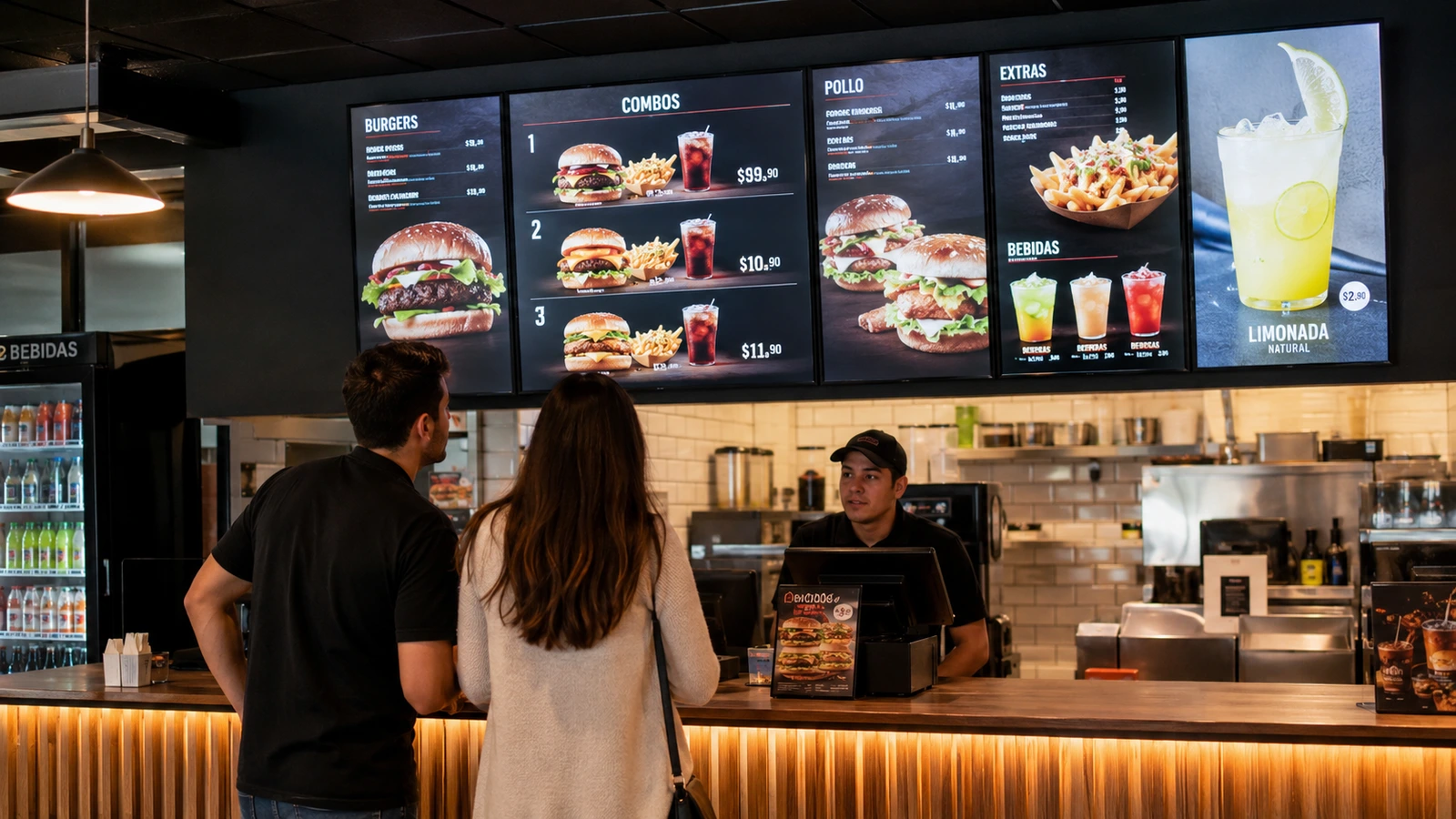 Menú digital bien jerarquizado sobre pantallas en el mostrador de un restaurante