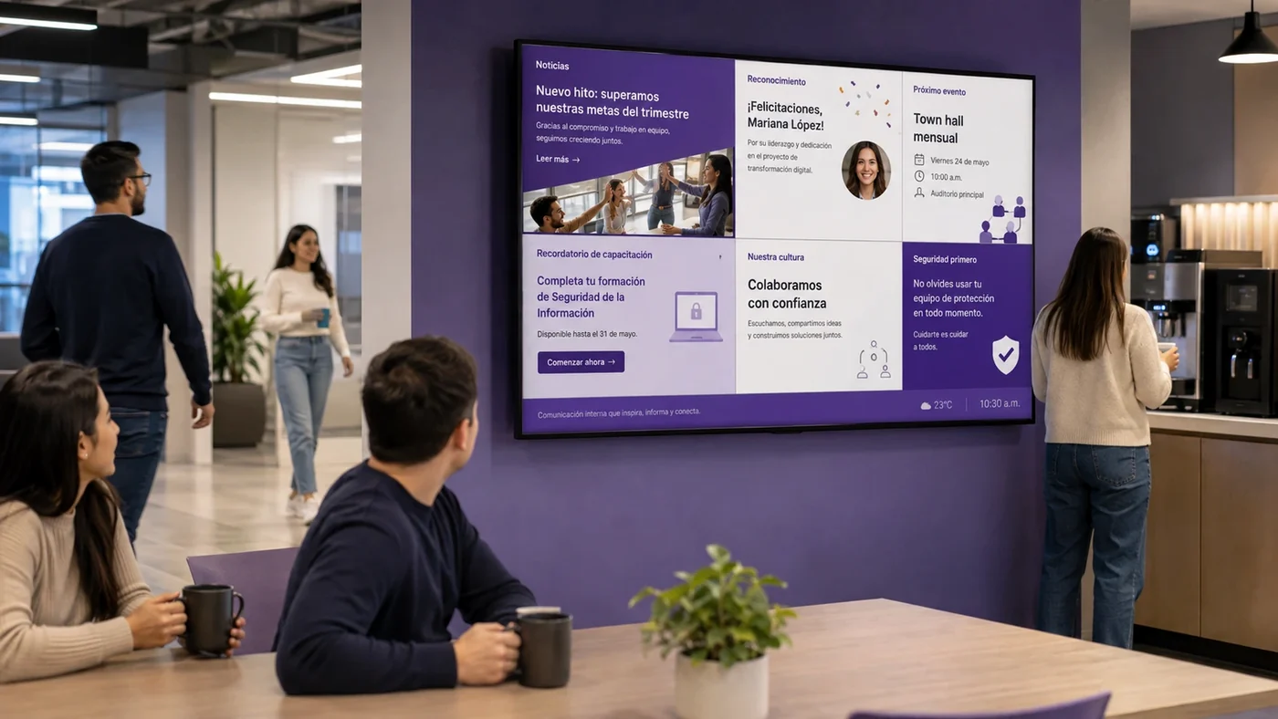 Pantalla de comunicación interna en oficina mostrando noticias, reconocimiento, capacitación, cultura y seguridad