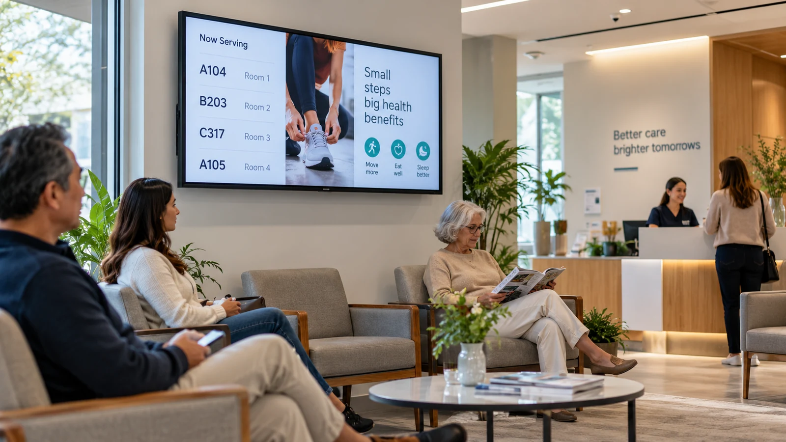 Sala de espera moderna con una pantalla digital que muestra turnos, servicios y consejos útiles