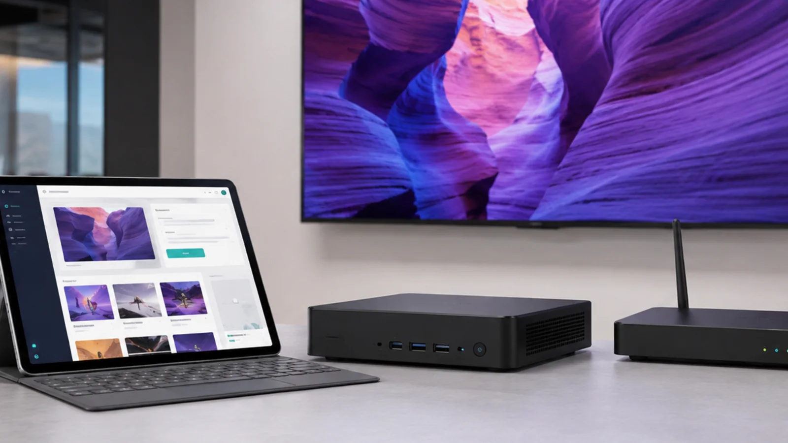 Pantalla, laptop con CMS, player y router como componentes de una implementación de Digital Signage
